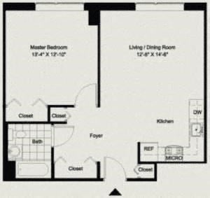 Floor plan for 1 bed, 1 bath, 700 sqft