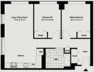 Floor plan for 2 beds, 1 bath, 930 sqft