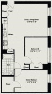 Floor plan for 2 beds, 1 bath, 956 sqft