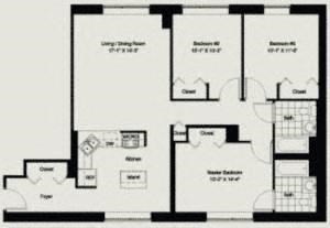 Floor plan for 3 beds, 2 baths, 1300 sqft