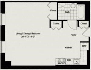 Floor plan for studio, 1 bath, 646 sqft