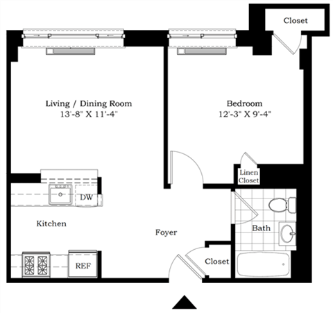 Floor plan for 1 bed, 1 bath, 597 sqft