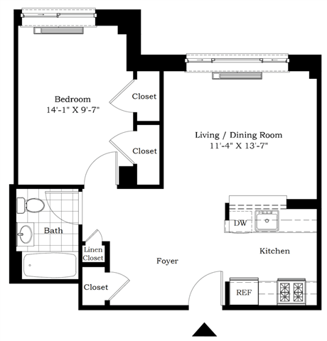 Floor plan for 1 bed, 1 bath, 624 sqft