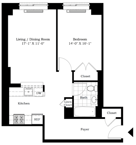Floor plan for 1 bed, 1 bath, 702 sqft