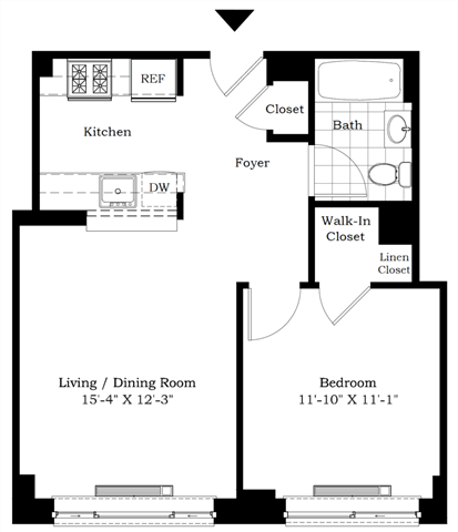Floor plan for 1 bed, 1 bath, 598 sqft