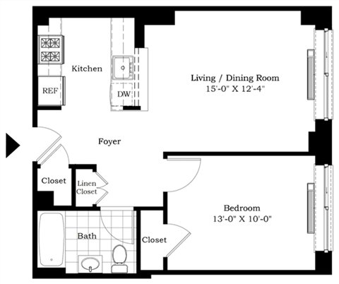Floor plan for 1 bed, 1 bath, 596 sqft