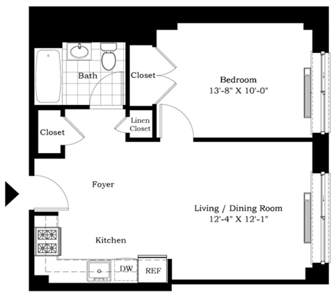 Floor plan for 1 bed, 1 bath, 610 sqft
