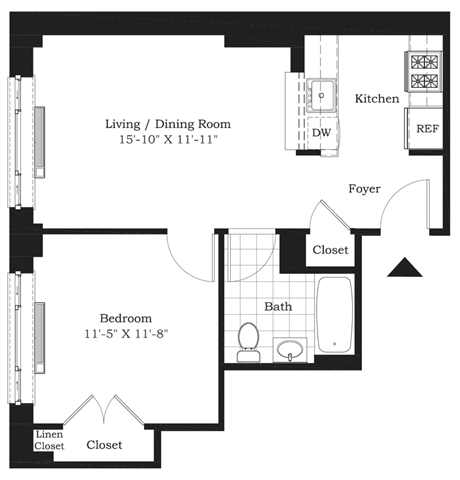 Floor plan for 1 bed, 1 bath, 592 sqft
