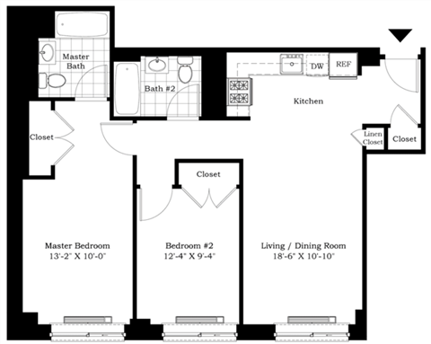 Floor plan for 2 beds, 2 baths, 919 sqft
