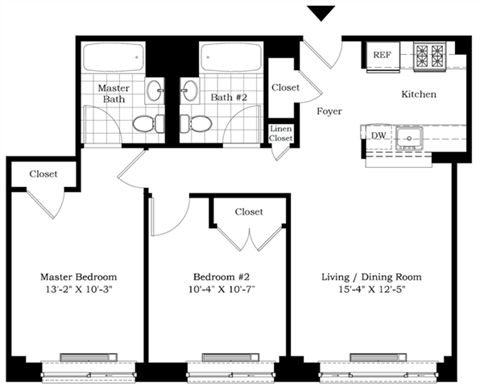 Floor plan for 2 beds, 2 baths, 851 sqft