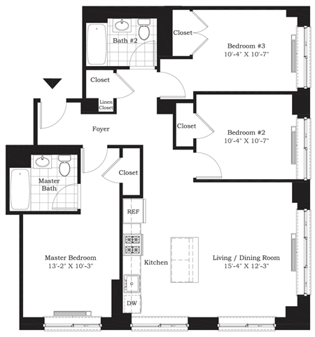 Floor plan for 3 beds, 2 baths, 1116 sqft