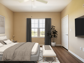 Melbourne apartment for rent - A bedroom with a bed, a bench, and a ceiling fan.