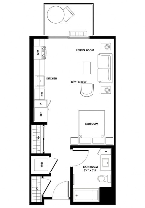Floor plan for studio, 1 bath, 523 sqft