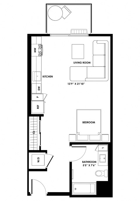 Floor plan for studio, 1 bath, 594 sqft