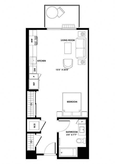 Floor plan for studio, 1 bath, 601 sqft