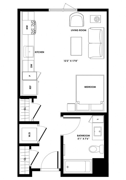 Floor plan for studio, 1 bath, 466 sqft