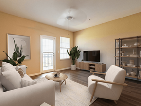 Melbourne apartment for rent - A living room with a white sofa, a wooden coffee table, a television, and a bookshelf.
