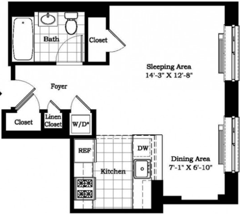 Floor plan for studio, 1 bath, 495 sqft