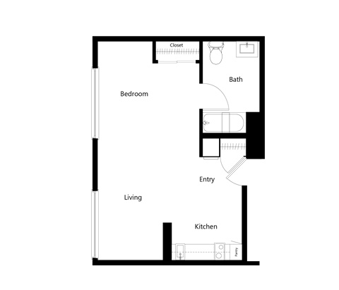 Floor plan for studio, 1 bath, 400 sqft