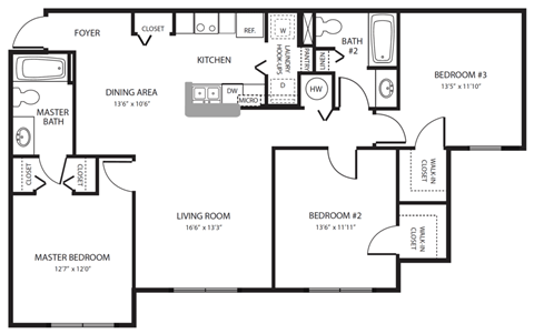 Floor plan for 3 beds, 2 baths, 1240 sqft