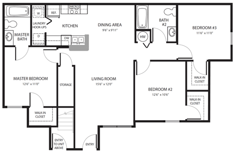 Floor plan for 3 beds, 2 baths, 1146 sqft