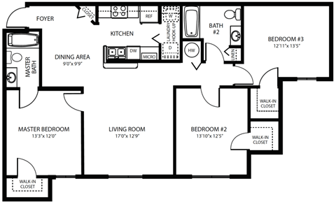 Floor plan for 3 beds, 2 baths, 1199 sqft