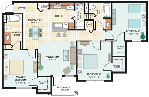 Floor plan for 3 beds, 2 baths, 1236 sqft