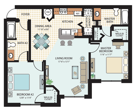 Floor plan for 2 beds, 2 baths, 974 sqft