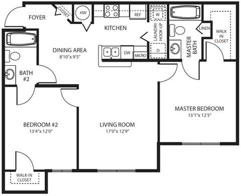 Floor plan for 2 beds, 2 baths, 943 sqft