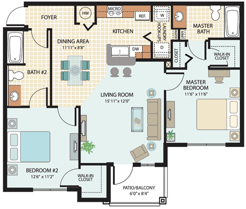 Floor plan for 2 beds, 2 baths, 969 sqft