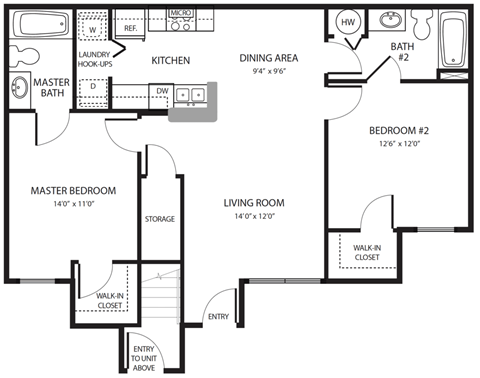 Floor plan for 2 beds, 2 baths, 952 sqft