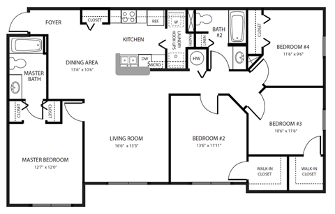 Floor plan for 4 beds, 2 baths, 1364 sqft
