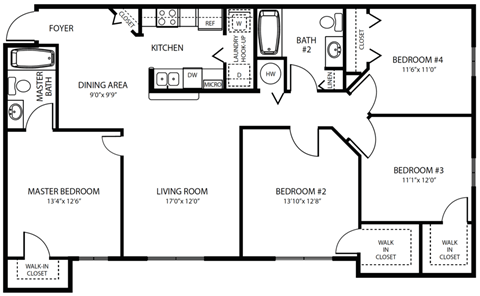 Floor plan for 4 beds, 2 baths, 1329 sqft
