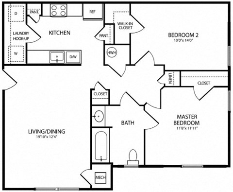 Floor plan for 2 beds, 1 bath, 790 sqft