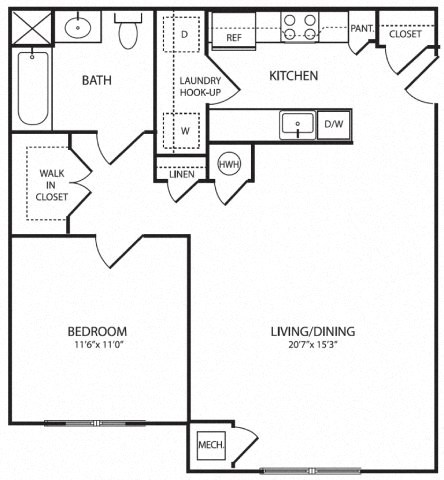 Floor plan for 1 bed, 1 bath, 765 sqft
