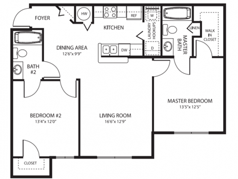 Floor plan for 2 beds, 2 baths, 943 sqft