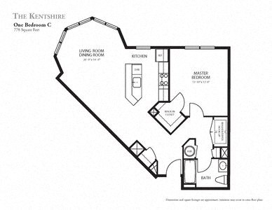 Floor plan for 1 bed, 1 bath, 778 sqft