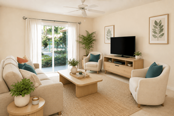 Largo apartment for rent - A living room with a television, two chairs, a coffee table, and a plant.