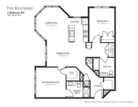 Floor plan for 2 beds, 2 baths, 1001 sqft