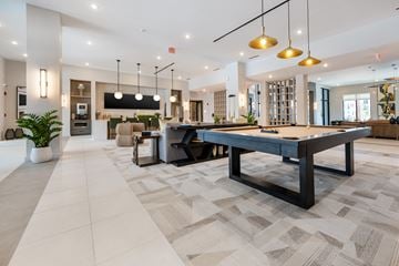 Tampa apartment for rent - A modern living room with a large grey sofa and a wooden coffee table.