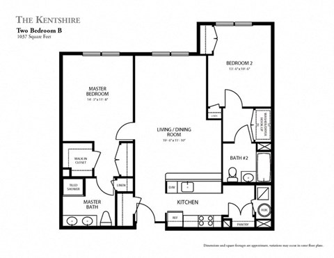 Floor plan for 2 beds, 2 baths, 1037 sqft