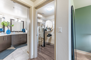 Davie apartment for rent - A bathroom with a walk-in shower and a sink.