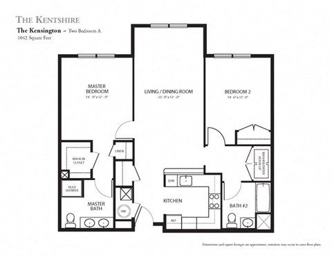 Floor plan for 2 beds, 2 baths, 1042 sqft