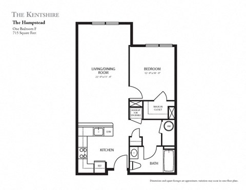 Floor plan for 1 bed, 1 bath, 715 sqft