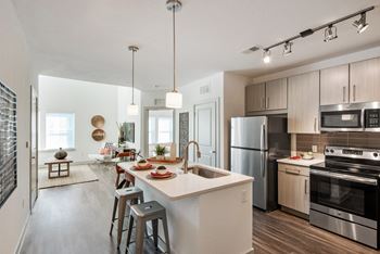 Chef-inspired kitchen with stainless steel appliances & quartz or granite counters