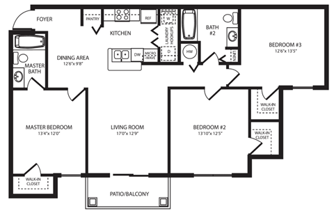 Floor plan for 3 beds, 2 baths, 1199 sqft