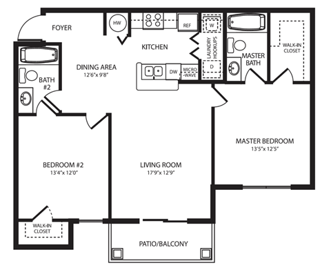 Floor plan for 2 beds, 2 baths, 943 sqft