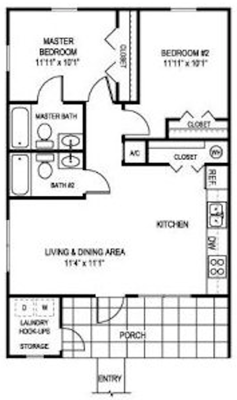 Floor plan for 2 beds, 2 baths, 850 sqft