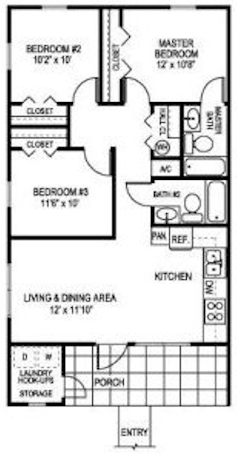 Floor plan for 3 beds, 2 baths, 1050 sqft