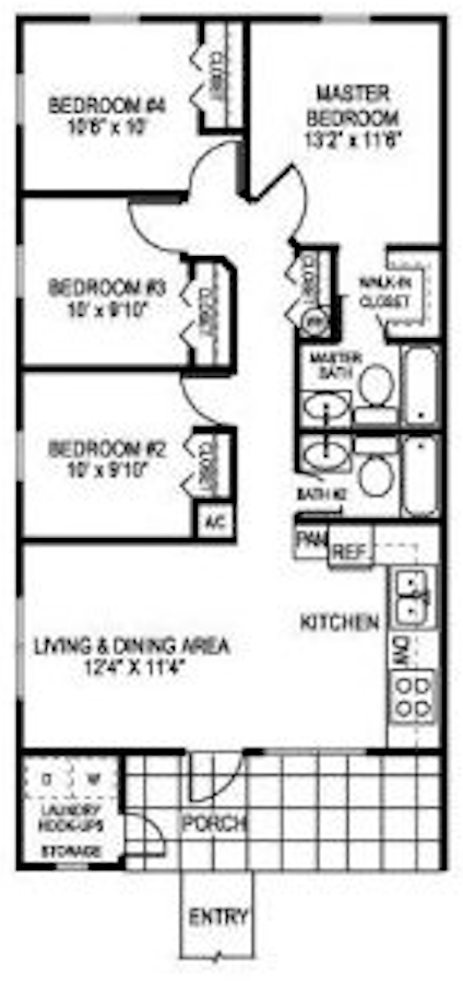 Floor plan for 4 beds, 2 baths, 1150 sqft